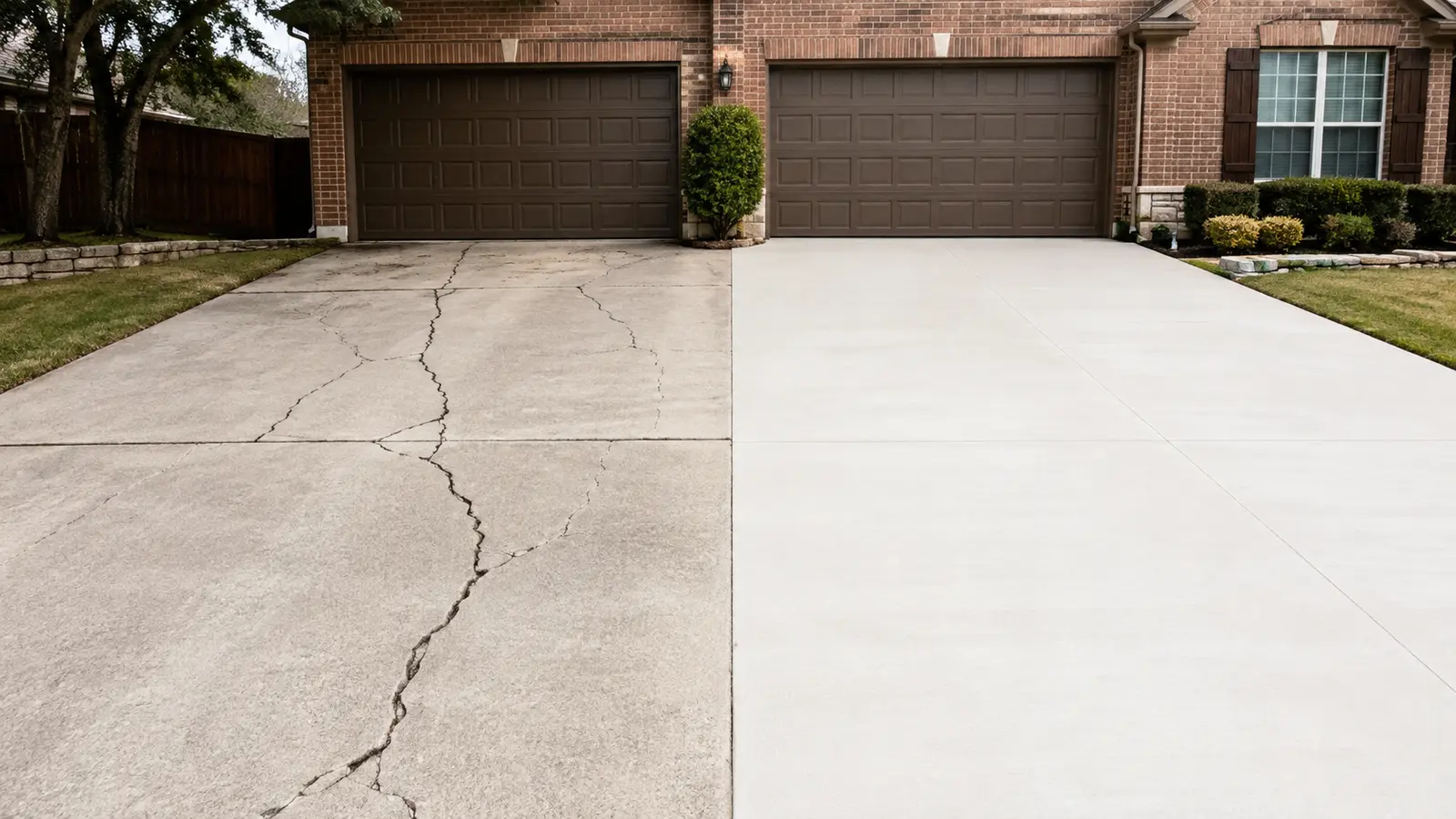 Comparison of a cracked driveway and a newly replaced concrete driveway